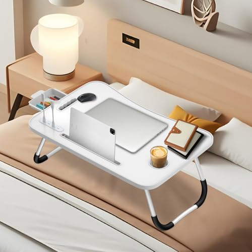 Ferghana Table de Lit Pliable avec Porte - Plateau Multifonctionnel Léger 60x40x28cm, pour Ordinateur Portable,Lit,Canapé (Emplacement pour Carte + Porte-gobelet + tiroir + Lampe + Ventilateur,Blanc)