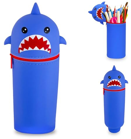 puiaxod 2 in 1 Federmäppchen, Silikon Stifte Mäppchen, Kawaii Hai Box Mäppchen, Stand up Cartoon Federmappe, Tier Stifthalter, Federtasche aus Weichem, Stift Hülle für Schule und Geschenk