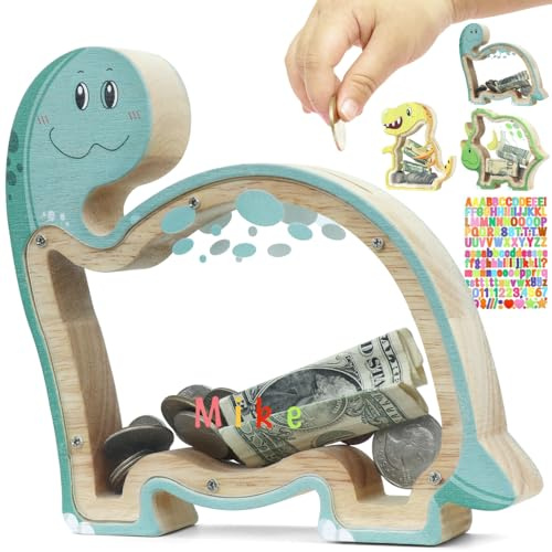 DBPBToU Spardose Kinder aus Holz Spardose Dino, Sparschwein Durchsichtig für Kinder, Sparbox Personalisierte (Brachiosaurus und Aufkleber)