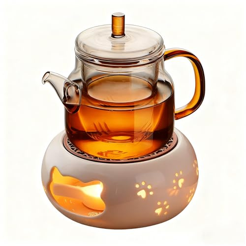 MYLERCT Stövchen für Teekanne,Teapot Warmer,Weiß Teewärmer Keramik | Keramik Teekannenwärmer mit Katzenpfoten-Hohlschnitt und Kerzenhalter, Lichtreflexe, Rutschfest, Wärmt Tee, Kaffee & Suppe