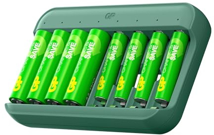 Caricatore USB a 8 Slot per Pile Ricaricabili AA e AAA NiMH | GP Charge & Save | Include 4 Batterie Ricaricabili AA 1300 mAh e 4 Batterie Ricaricabili AAA 650 mAh