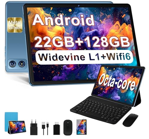 Dghrti Tablet 10 Zoll Android, 8000mAh, 128GB ROM, Tablet mit Tastatur-Blau | 22GB RAM (6GB+16GB), Octa-Core, TF 2TB, BT 5.0, Dual WLAN, GPS, Face ID, Widevine L1, Augenschutz, Maus & Hülle inkl.