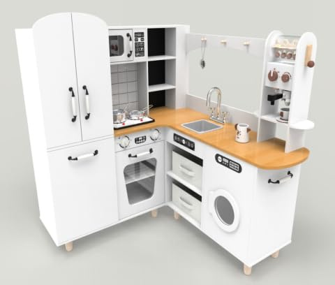 HOMASIS Eck Kinderküche Holz, Spielküche mit Licht & Sound, inkl. 12 Zubehör & 2 Körbe, Spielzeugküche mit Spüle Herd Ofen Mikrowelle Kaffeemaschine Kühlschrank Waschmaschine, für ab 3 Jahren (Grau)
