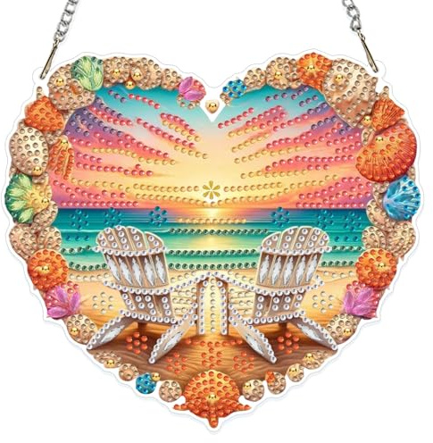 NAIMOER Liebe Diamond Painting Fensterbilder Beidseitige, Strand Diamond Painting Anhänger mit Kette, Sonnenuntergang Diamant Malerei Bilder Kristall Fensterbilder für Geschenk Wand Dekoration