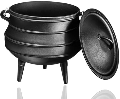 Cauldron with Lid and Handle Cast Iron Pot with 3 Long Legs for Fireplace Coal Cooking, Outdoor Camping Cooking, Black(13.5L)