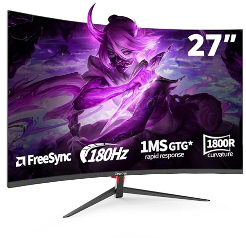 ZovvJee 27 Inch Curved Gaming Monitor180Hz, FHD 1080p 1ms Response, FreeSync, 98% sRGB, Ultra-Thin Bezel, 178° Viewing Angle, HDMI/DisplayPort, Mural 100x100mm - Black