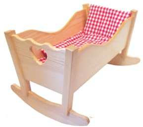Holz-Wenzel 350012 - Puppenwiege Diana aus Buchenholz, ca. 58 x 43 x 37 cm, Puppen Bett inkl. 3-teiliger Bettgarnitur rot-weiß kariert, für Kinder ab 18 Monaten