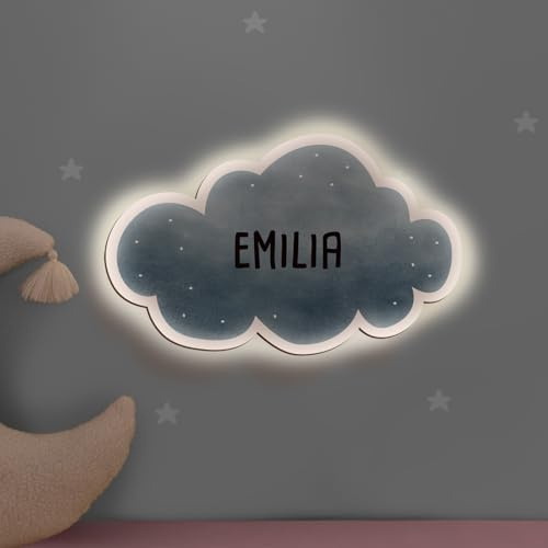hellomini Personalisierbares LED-Nachtlicht mit Name für Kinder & Babys | Holz-Wandlampe | Schlummerlicht mit Motivwahl – Geschenk zur Geburt & Taufe (Wolke blau Aquarell)