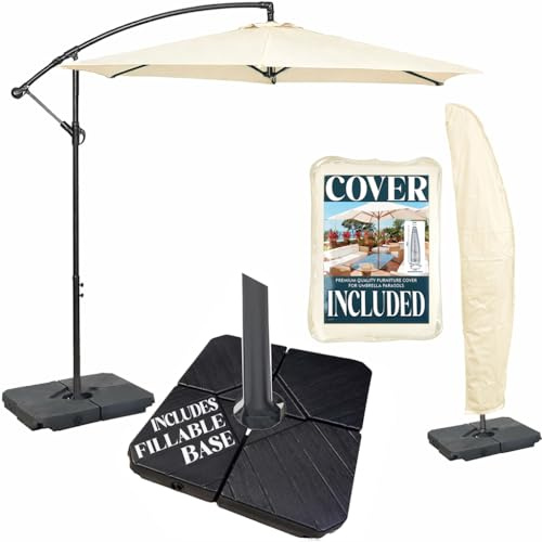 GardenCo 3m Cantilever Banana Parasol - Hanging Parasol with Crank Handle - Outdoor Garden and Patio Sun Shade - with PVC Coated Cover (Ivory with Base)