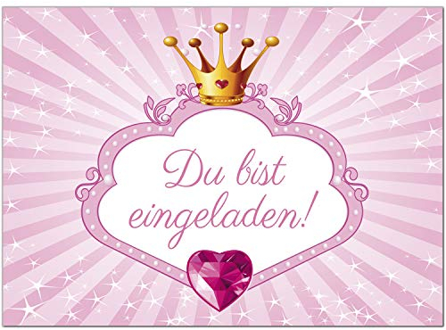 8 Prinzessin Einladungskarten Kindergeburtstag mit Umschlägen, Prinzessinnen Rosa Krone, Karte Geburtstag Einladung zum Ausfüllen mit Text und Linien