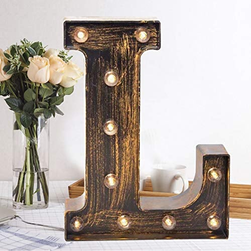 Golden Black Led Marquee Letter - Industrial, Vintage Style Light Up Alphabet Letter Sign for Cafe Wedding Birthday Party Christmas Lamp Home Bar Initials Decor - L