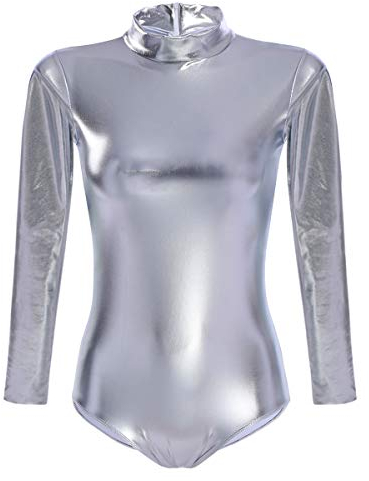 FYMNSI Damen Glänzende Ballettanzug Ballettbody Sport Tanz Body Gymnastikanzug Trikot Langarm Bodysuit Metallic Wetlook Einteiler Turnanzug Leotards Overall Lack Leder Oberteile Top Kostüm Silber S
