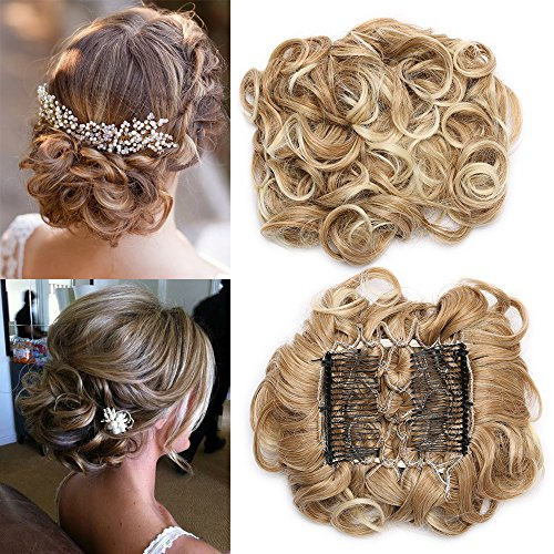 TESS Moño Postizo con Peine Rubio miel/rubio claro claro, Moño Postizo Pelo Natural 90g Moño Postizo Rizado, Postizos Moño y Coletas con Pinza