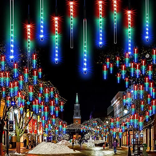 288LED Meteorschauer Regentropfe Lichter,KINGCOO Wasserdicht 30cm 8 Tubes Schneefall Eiszapfen Lichtschläuche Solar Lichterkette für Garten Hochzeit Neujahr Party Weihnachtsbaum (Merhfarbig)