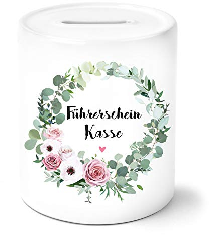 OWLBOOK Führerschein Kasse mit Blumenkranz Spardose Personalisiert mit Namen Geschenke Geschenkideen für Jungs und Mädchen zum Geburtstag