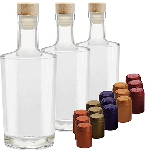 Geniess-Bar! 3 Glas Karaffen elegante Flaschen à 0,5 L leer für Whisky Gin Cognac zum selbst befüllen mit Korken & 15 farbigen Schrumpfkapseln
