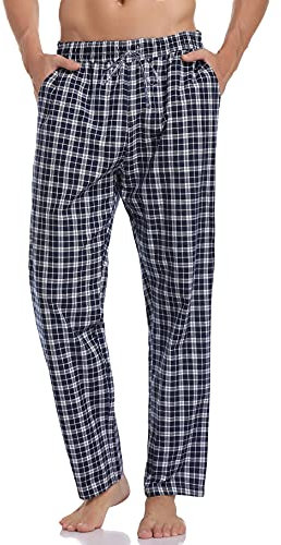 Aseniza pantaloni pigiama uomo in 100% cotone,Pantaloni Casual da uomo classici a quadri con coulisse in tasca(Blu scuro+bianco,M)
