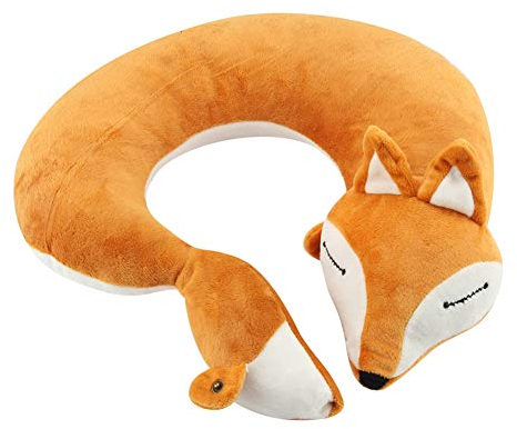 Cyrank Niedliche U-förmige Kissen mit Fuchs, ultraweiches Kinder-Nackenkissen Kinder-Nackenstütze für Jungen/Mädchen/Reisen(Braun)