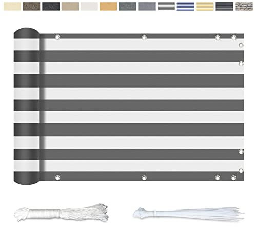YangAera Balkon Sichtschutz 90x700CM, Windschutz Wasserdicht und UV-Schutz Balkonabdeckung - mit Ösen Kabelbinder und Kordel, für Balkongeländer Terrasse Garten (Graue und Weiße Streifen)