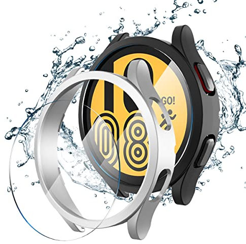 Diruite Custodia per Samsung Galaxy Watch 5/4 40 mm + pellicola protettiva, durezza PC Slim antiurto, 2 + pellicola protettiva * 2, nero e argento, 40 mm