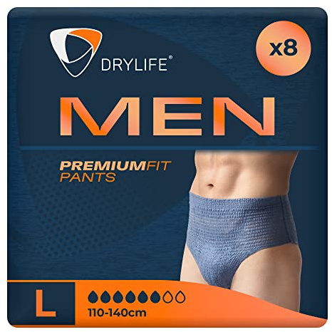 Drylife Inkontinenzhose für Herren, Premium-Passform, für Blasenschwäche, Schnelle Absorption Kern, Anti-Leck-Barrieren, Geruchskontrolle-Technologie und Männlicher Stil, Gr. L (8 Stück)