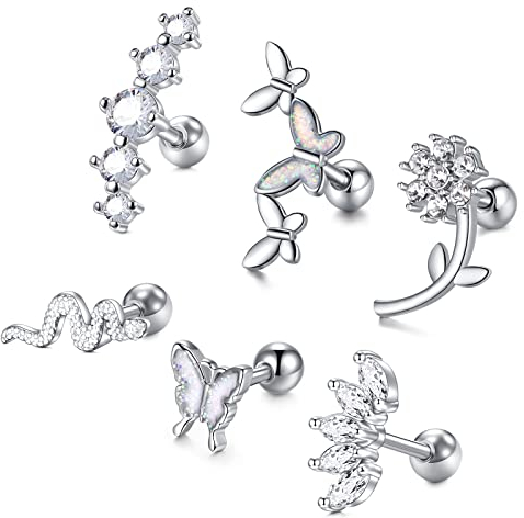 Longita Tragus Ohrstecker Piercing Chirurgenstahl 16G Schmetterling Schlange Helix Ohr für Damen Conch Piercing Stecker 6MM Silber