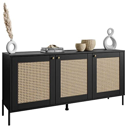 lukmebel Vienna 3D Dreitürige Kommode - für Moderne, Boho, Skandinavische Räume - Schwarz + Thonet Wiener Canework Druck - Metallknöpfe – 154x74x40cm – Gerade Metallfüße