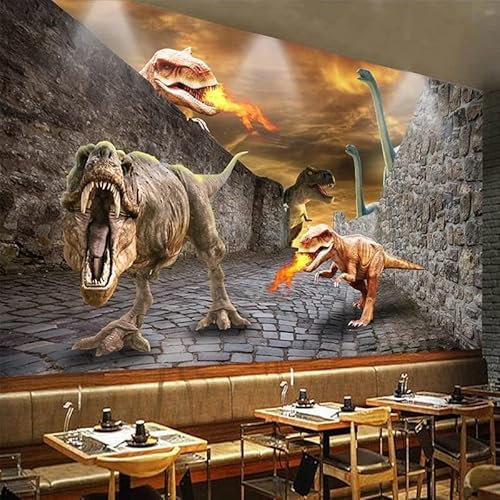 FitNshape Wandtapete 3D Stereo Dinosaurier Gebrochene Wand Fresko Restaurant Café Wasserdichte Leinwand 3D Wandaufkleber*350cmx256cm(137.8x100.8inch)