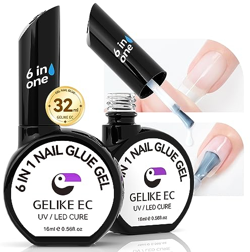 Gel Nail Glue 6 in 1 - Gelike ec UV Nails Glue Base Coat, Strong Adhesive for Nail Tips, False Nails, Acrylic Tips, Press on Nails, Gel Nail Polish, 16ML