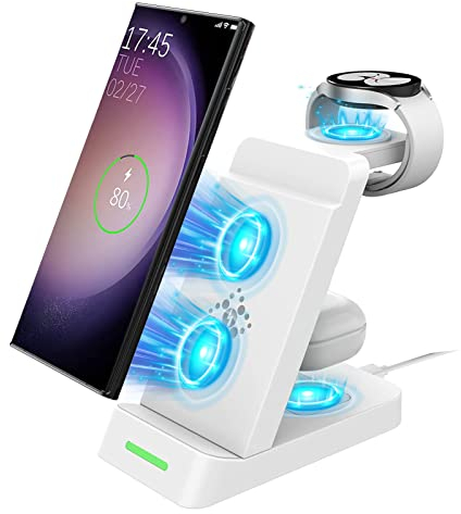 SPGUARD Induktive Ladestation Kompatibel mit Samsung Galaxy Watch 8/7/FE/Ultra/6 Classic,3 in 1 Ladegerät Wireless Charger für Galaxy Z Fold7/Z Flip7/FE/S25 Edge/S25/S25 Ultra/S25+/S24/Buds3(Weiß)