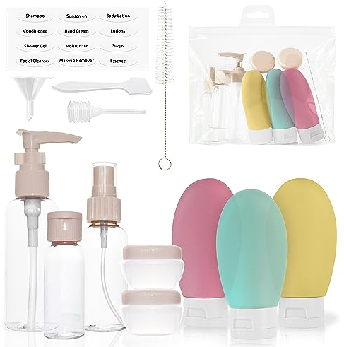 MyGadget Set 14 Flacons Vides pour Valise Cabine - Kit Tubes Cosmétiques Silicone & Pots de Crème Rechargeables - Bouteilles Format Voyage approuvé TSA