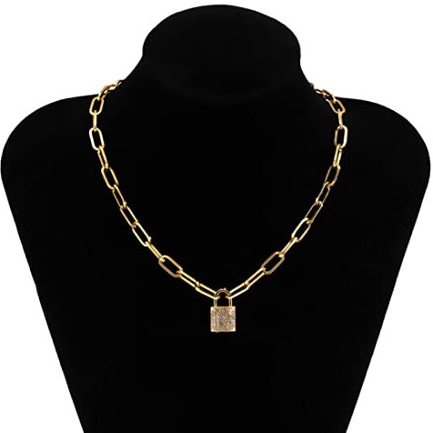 Punk Simple Lock Pendants Necklace for Women Trendy Padlock Crystal Necklaces Fashion Neck Chains Jewelry-Gold Color S01