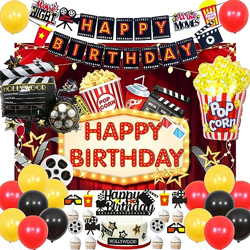 Movie Night Geburtstag Dekorationen für Mädchen Jungen, Movie Night Themed Indoor Outdoor Happy Birthday Party Supplies Popcorn Kamera Theater Folie Ballons Kuchen Toppers Backdrop Banner