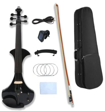 WUQIMUSC Violín eléctrico, cuerpo de madera maciza, accesorios de ébano, afinador agradable, pasiva pasiva con arco, bolsa de funda (negro-5 cuerdas)