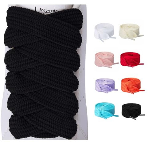 Olukssck 2 Paires de Lacets Chaussures Plats, Lacets Remplacement de 20 mm de Large Pour Baskets, Chaussures de Sport, Noir, 140cm