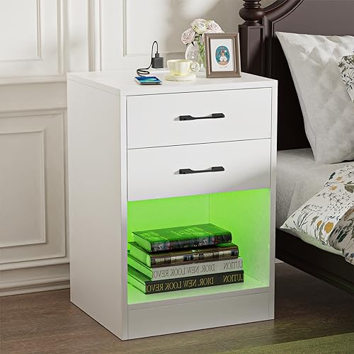 Lvhecforhm Nachttisch Weiß Mit Offenen Fächern, Hochglanz Front, Schubladen, Einstellbares Licht in Verschiedenen Farben - Modern 40x35x60cm für Schlafzimmer