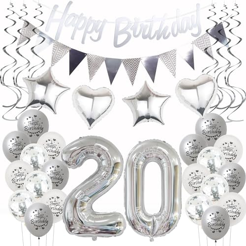 Silber Geburtstagsdeko 20 Jahre Frauen Mann,ballon 20 Geburtstag Frauen Deko, Luftballons 20. Geburtstag Dekoration Frau silber ,Party Deko 20. Männer 20 Jahre Frau Geburtstagsdeko
