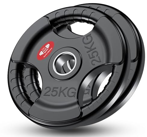 FK Sports Olympic Weight plates Rubber Coated Cast Iron Weights, 2 Inch opening, 2.5kg, 5kg, 10kg, 15kg, 20kg, 25kg, Black Tri grip Barbell Plates, Weight Plates for 2 barbell, Sold in Pair (25 kg)