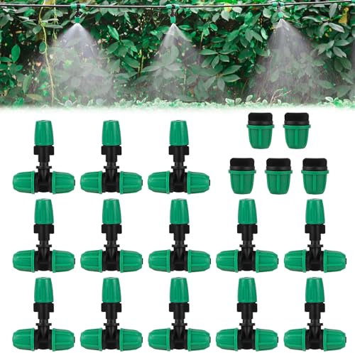 Tropfbewässerungsdüsen-Set, 45 Stück Tropfbewässerungsteile mit 20 Stück 1,2 cm bis 1/4 Zoll Widerhaken-T-Verbindungsstücken, 20 Stück 0,6 cm grüne Zerstäuberdüsen, 5 Stück 1,2 cm Endkappen für