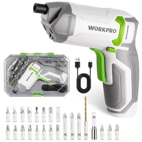 WORKPRO Avvitatore Elettrico da 3,6 V, Cacciaviti Eccentrici a Batteria da 2,0 Ah, 7 Nm, 2 Direzioni di Rotazione + Lampada LED, 24 Bit, Cavo di Ricarica USB, per Fai da Te, Bianco