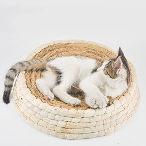 RXMORI Cama para Gatos de Paja,Nido para Gatos de Paja Tejido a Mano,Ropa de Cama de Paja para Nidos de Pollo,Nido Redondo Transpirable para Mascotas para Gatos, Perros,(Bottom Diameter 45cm/17.7in)