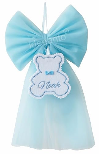 Fiocco nascita ricamato personalizzabile con nome orsetto, in tulle rosa e azzurro bimbo bimba (Bimbo)