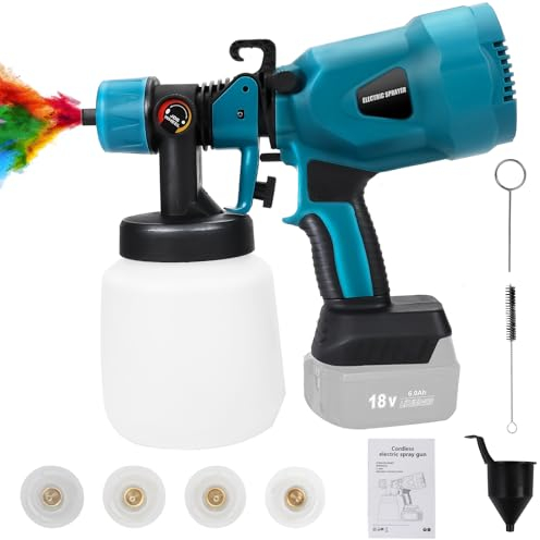 Pulverizador de pintura con batería recargable compatible con batería Makita de 18 V, sistema de pulverización de pintura con depósito de 1100 ml, 4 boquillas, 3 patrones de pulverización, pistola de