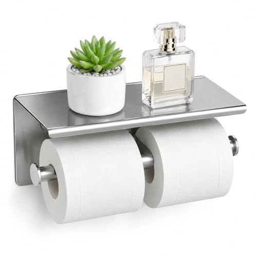 Double Toilet Paper Holder with Shelf Stainless Steel Wall Mount Rustproof | SUS304 stainless steel rustproof double roll holder with top shelf holds phone and glasses, secure wall mount for bathroom