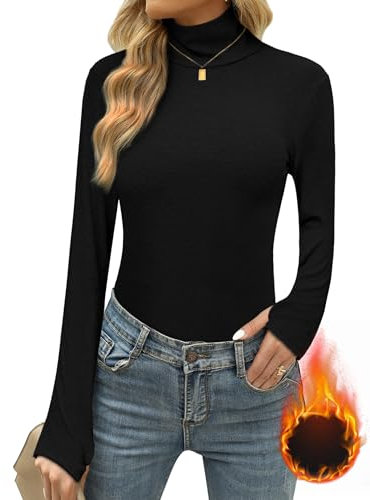 Terecey Women Turtleneck Shirt Long Sleeve Thermal Underwear Tops Winter Shirts Slim Fit Stand-up Collar with Thumb Hole Underwear Ladies Tops Black