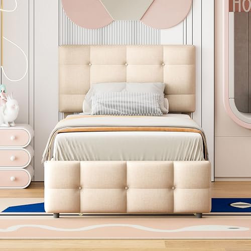 Polsterbett, ausziehbares Kinderbett, verstellbares Kopfteil, hautfreundliche Leinenpolsterung, flaches Einzelbett Kinderbett Jugendbett Gästebett,90 x 200 cm (Beige)