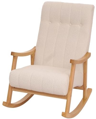 Mendler Schaukelstuhl HWC-K10, Relaxsessel, Holz FSC® Stoff/Textil Bouclé (450g/m²) - Creme, Gestell Natur