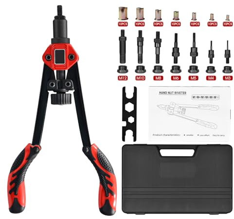 H HOLDPEAK Rivet Nut Gun, Rivet Tool Kits, 13 Heavy Duty Hand Rivet Gun with 70 Rivet Nuts and M3 M4 M5 M6 M8 M10 M12 7 size Metric Mandrels, Professional Riveter Tool for Auto, Railway, Instrument