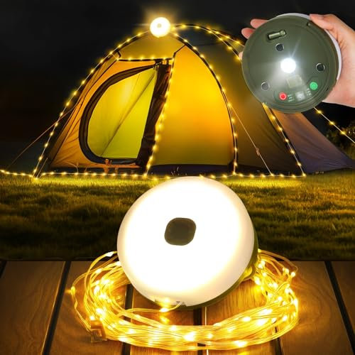Famgoods Camping String Lights, 32.8Ft Retractable Camping Light with 9 Lighting Modes, IP65 Waterproof Camping Lights for Tents, 30s Roll up Fairy Camp Lamp for Tent, Yard, RV, Patio, Party Decor