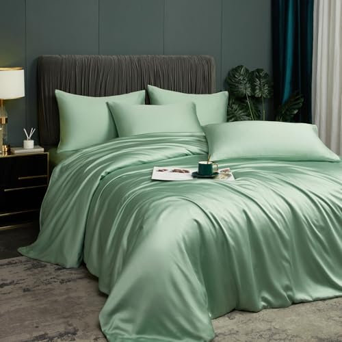 Luofanfei Kühlende Sommer Bettwäsche 135x200 cm Mintgrün Grün Bambus Polyester Glänzend Glatt Uni Bettwäsche Set Luxus Einfarbig Zweiteilig Bettbezug Set 135 200 Einzelbett mit Reissverschluss
